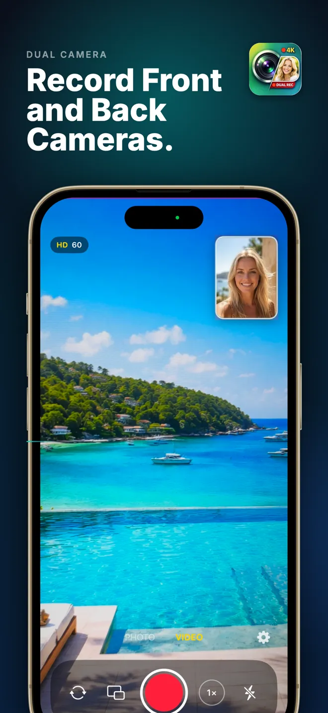 Dual Camera recording a poolside view on the back camera with the front camera in a picture-in-picture window