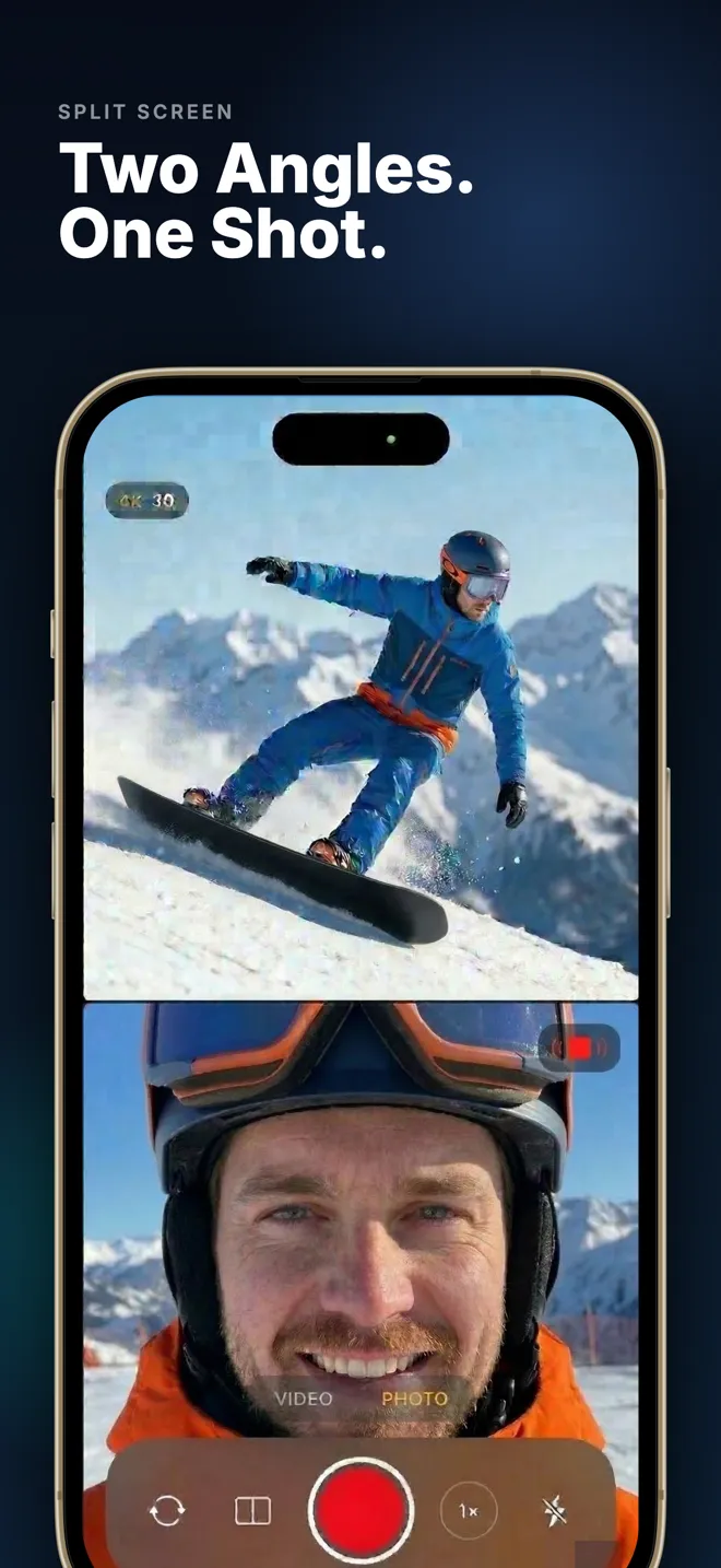 Split screen mode showing a snowboarder on the back camera above and the rider’s face on the front camera below